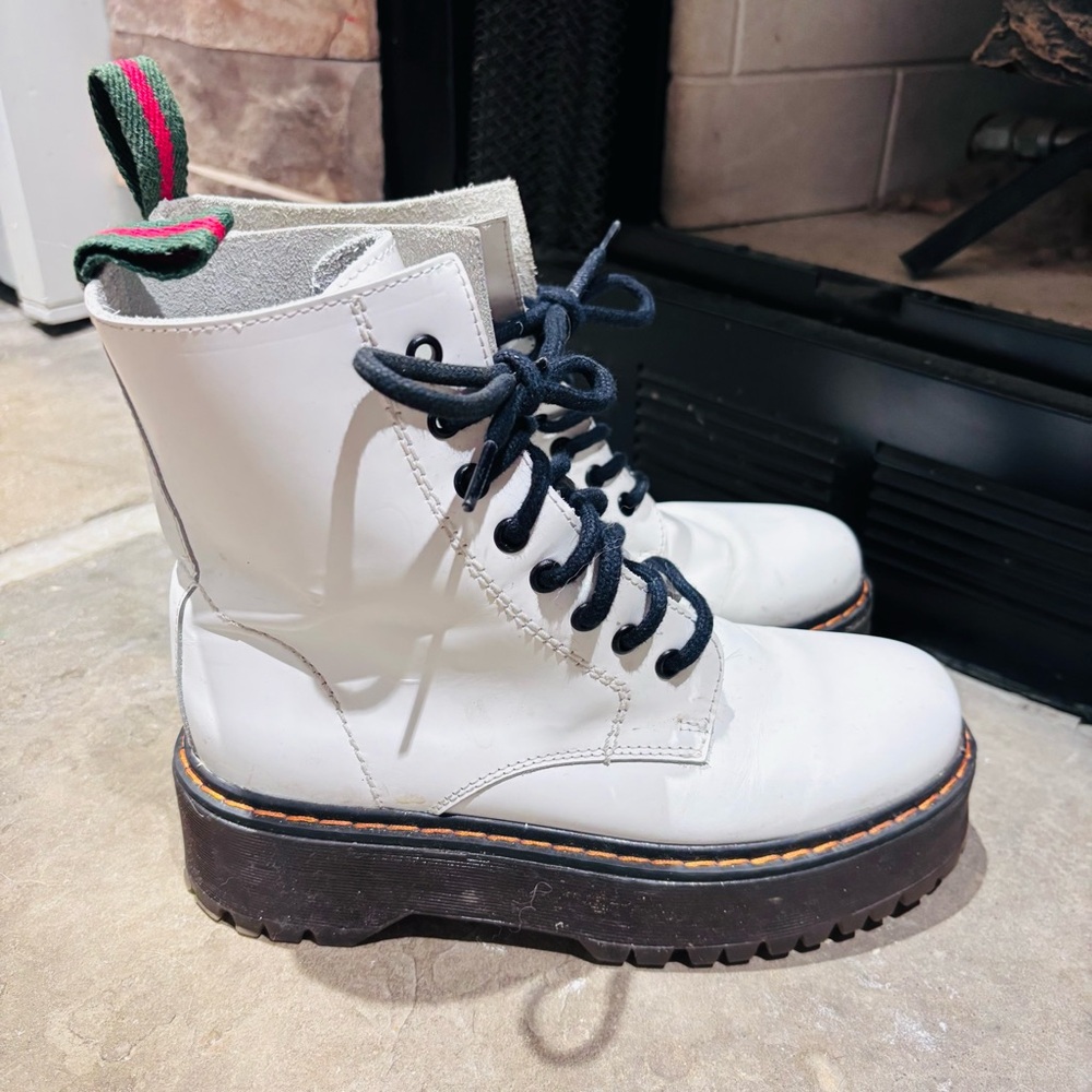 Retro White Leather Combat Boots